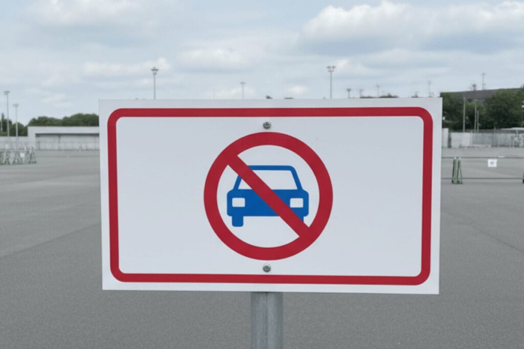 GLION ARENA KOBEの周辺に駐車場がないことを示す案内サイン(AI生成画像)