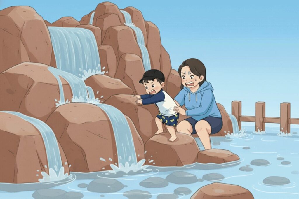 西猪名公園ウォーターランドの滝と岩組ゾーン(生成AIイメージ)