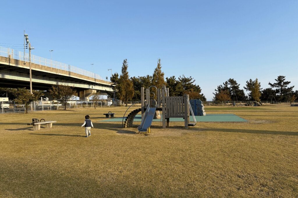 阪神高速と側道が見えるエコパーク甲子園浜の公園風景(2025年11月)