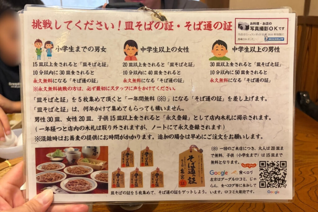 皿そば之証とそば通の証について説明された案内ラミネート
