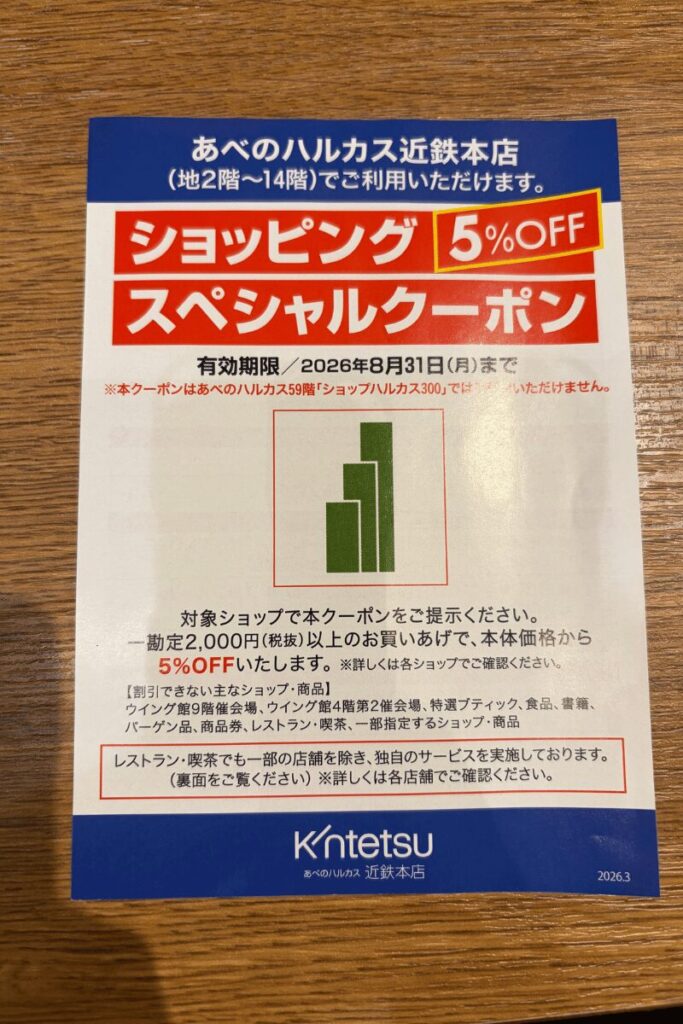 あべのハルカスダイニングで使える宿泊者特典クーポンの表面