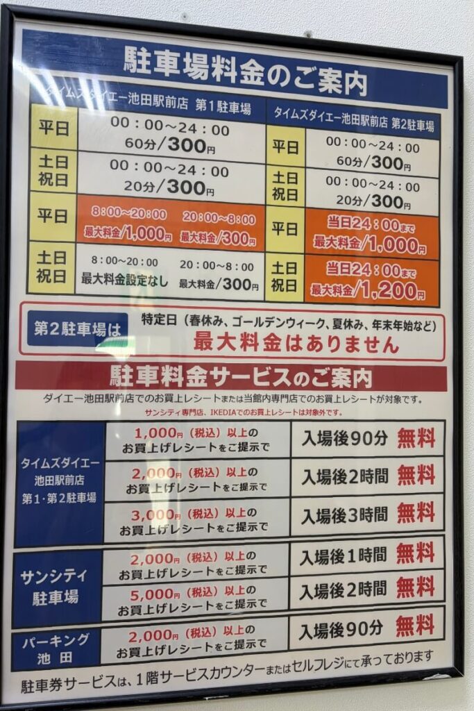 タイムズ ダイエー池田駅前店の駐車料金の看板