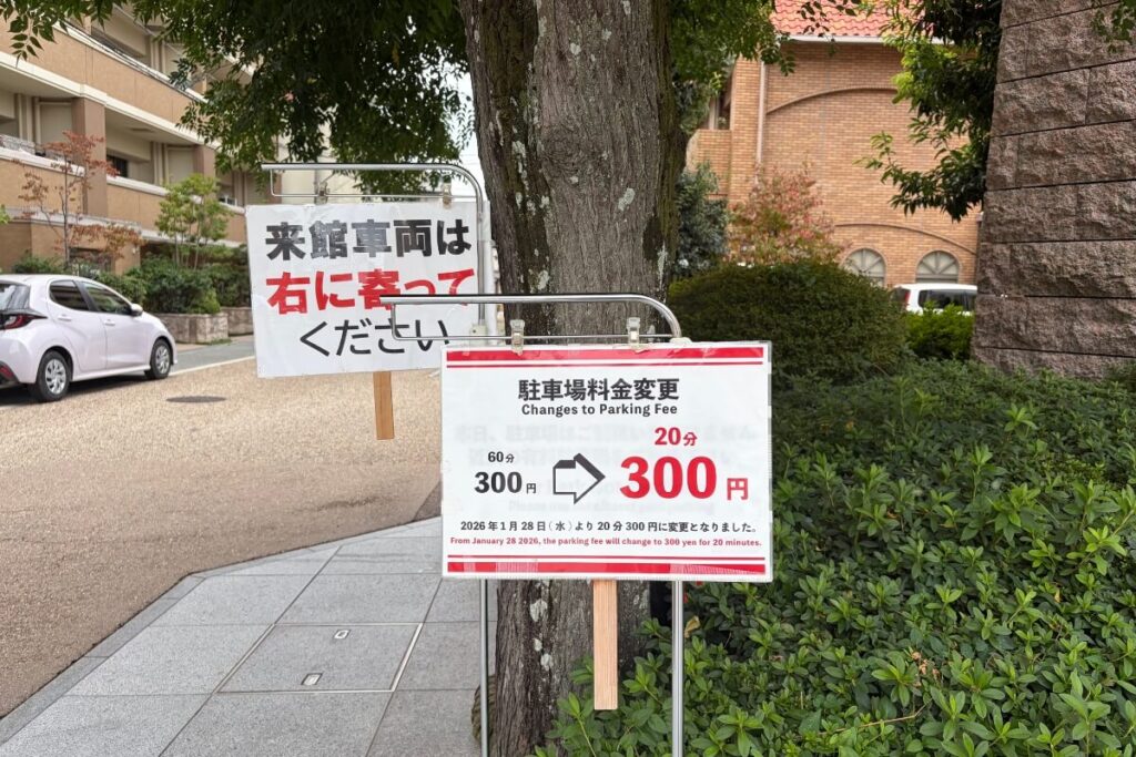 カップヌードルミュージアムの駐車場料金改定の看板(60分300円から20分300円へ)